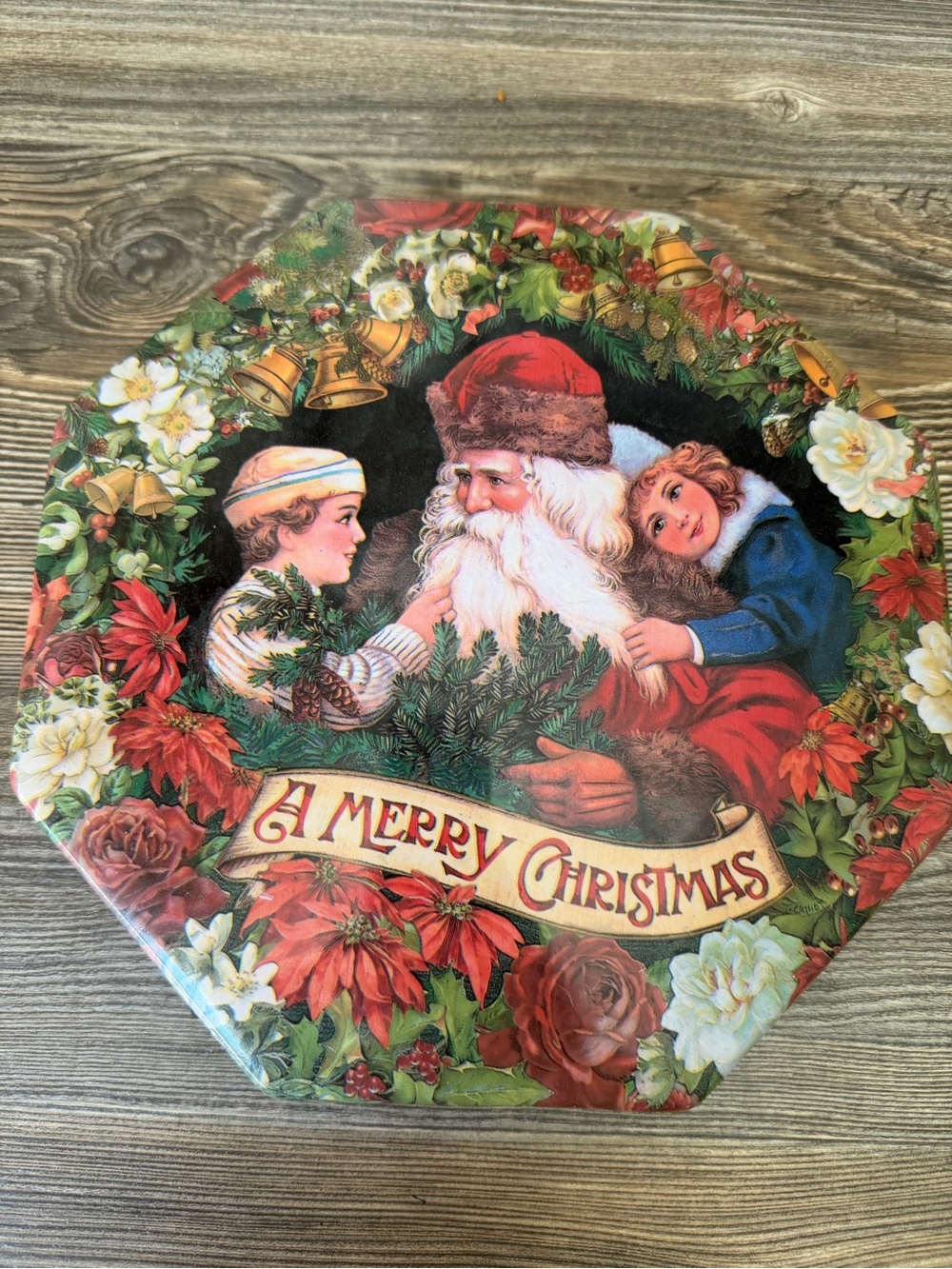 Vintage Holiday Santa Decorative Plastic Tin - Red Green Christmas Keepsake